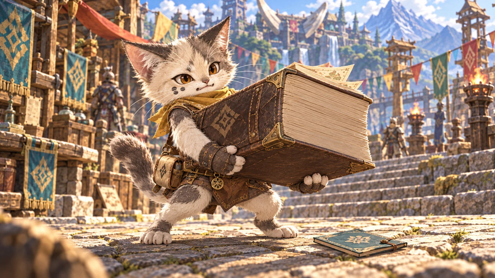 分厚い秘伝書を抱える猫の相棒と、薄い冊子